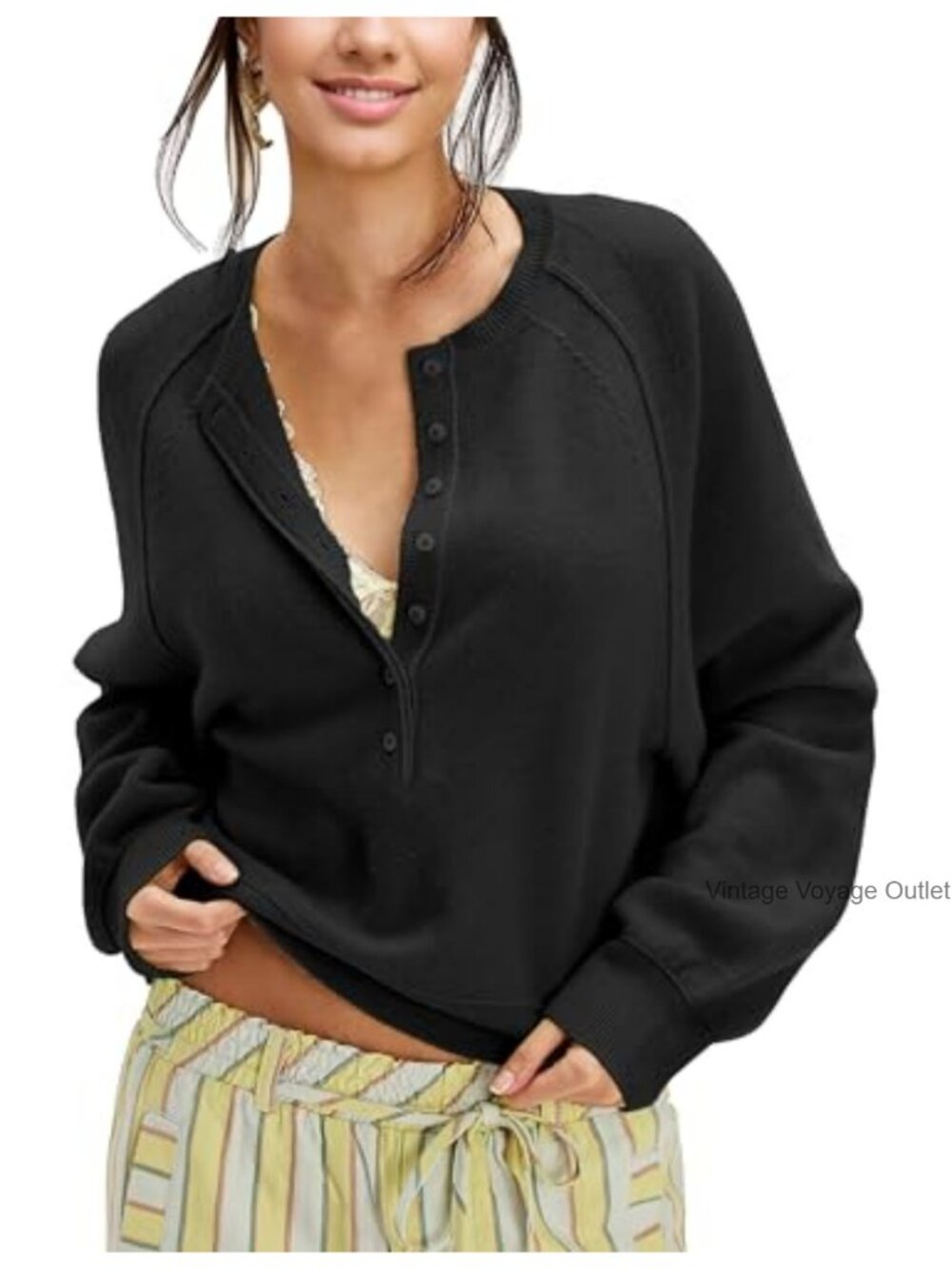 Women's Half Button Henley Neck Knit Pullover Sweater Long Sleeve Slouchy
